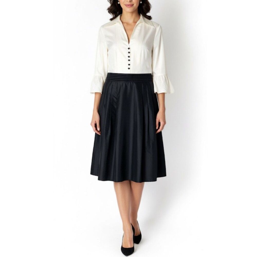 Kay Unger NY Women's Ivory Black 100% Silk 3/4 Sleeve Midi Event Dress Size 6